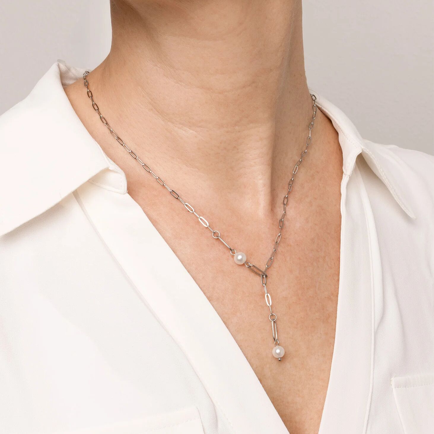 18K Gold PVD Stainless Steel Paperclip Pearl Y Necklace