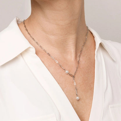 18K Gold PVD Stainless Steel Paperclip Pearl Y Necklace