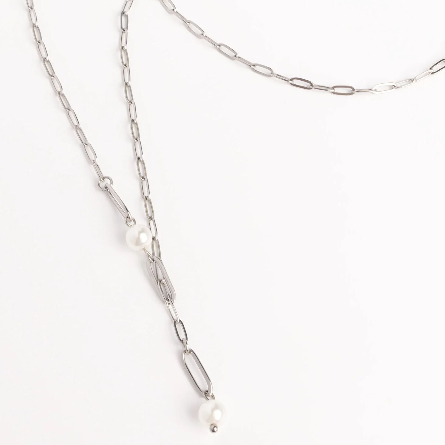 18K Gold PVD Stainless Steel Paperclip Pearl Y Necklace