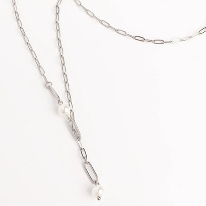 18K Gold PVD Stainless Steel Paperclip Pearl Y Necklace