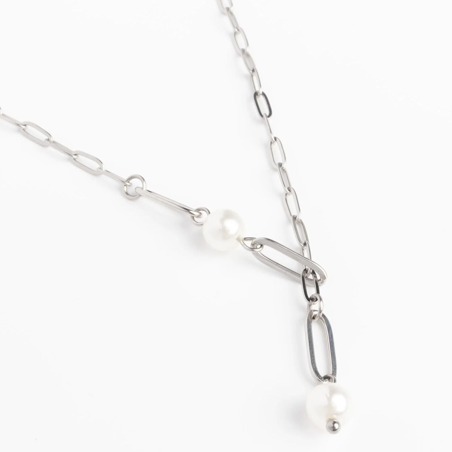 18K Gold PVD Stainless Steel Paperclip Pearl Y Necklace