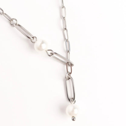 18K Gold PVD Stainless Steel Paperclip Pearl Y Necklace