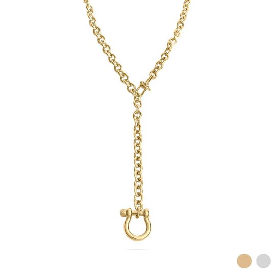 Gold Y Necklace with Horse shoe Carabiner with a clasp on a white background