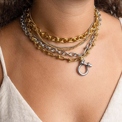 18K Gold PVD Stainless Steel Y Necklace with Horse shoe Carabiner