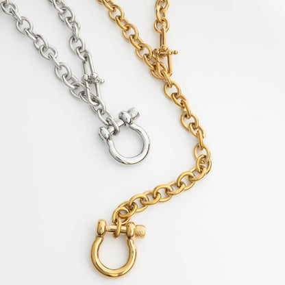 18K Gold PVD Stainless Steel Y Necklace with Horse shoe Carabiner