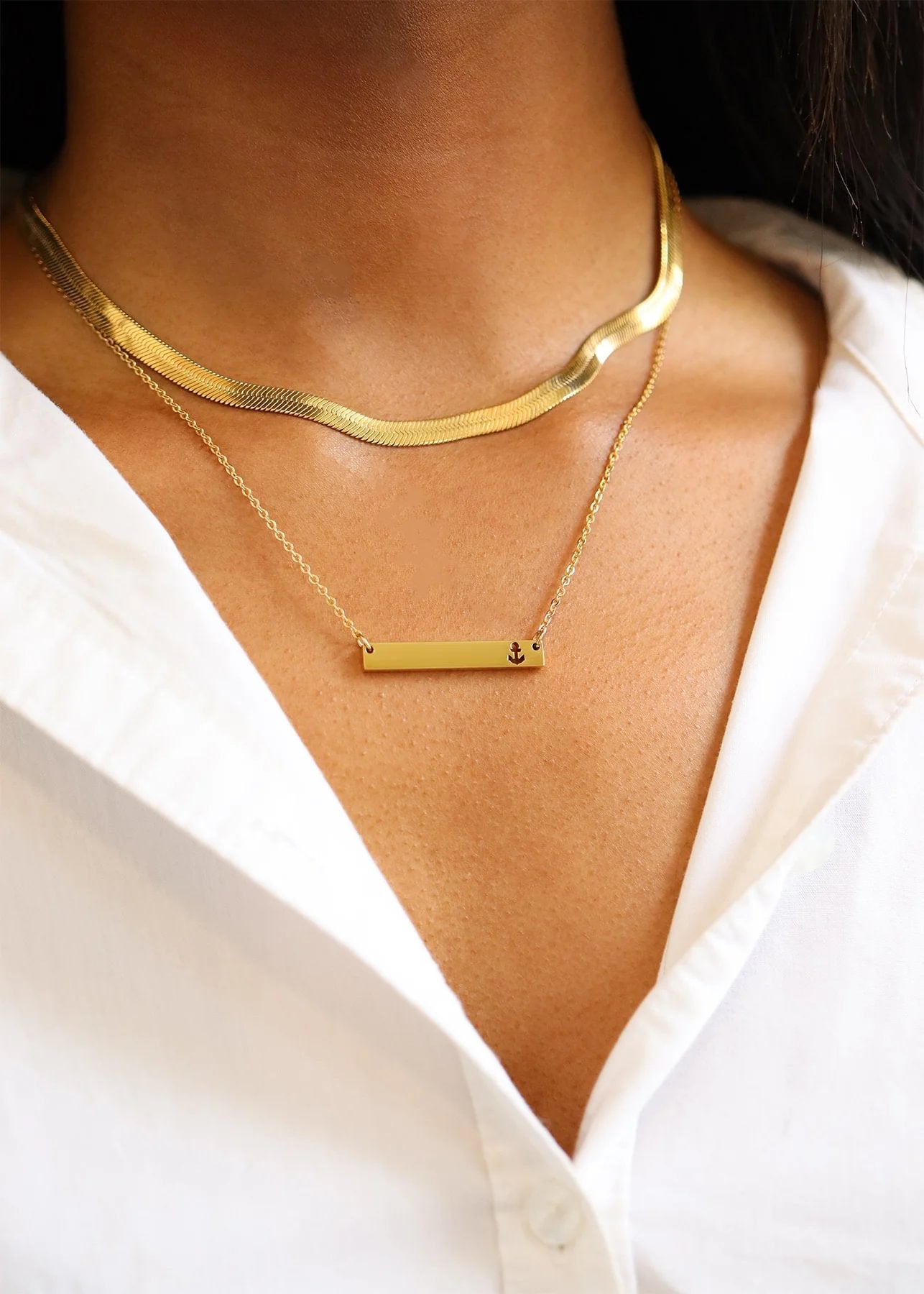 18K Gold PVD Stainless Steel Anchor Cutout Horizontal Blank Bar Necklace