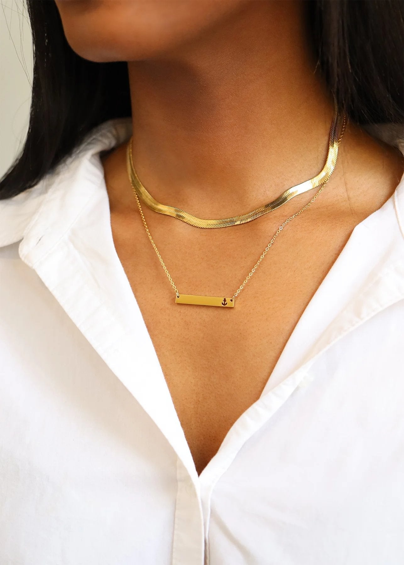 18K Gold PVD Stainless Steel Anchor Cutout Horizontal Blank Bar Necklace