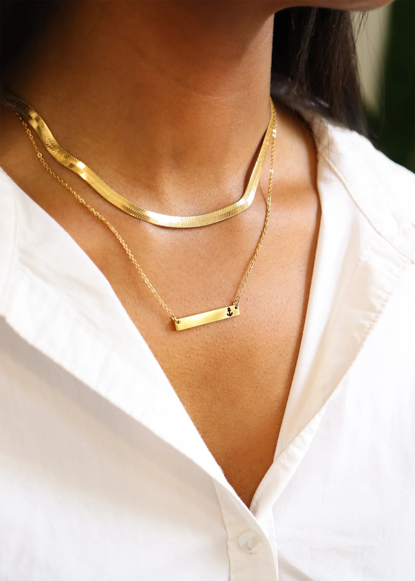 18K Gold PVD Stainless Steel Anchor Cutout Horizontal Blank Bar Necklace