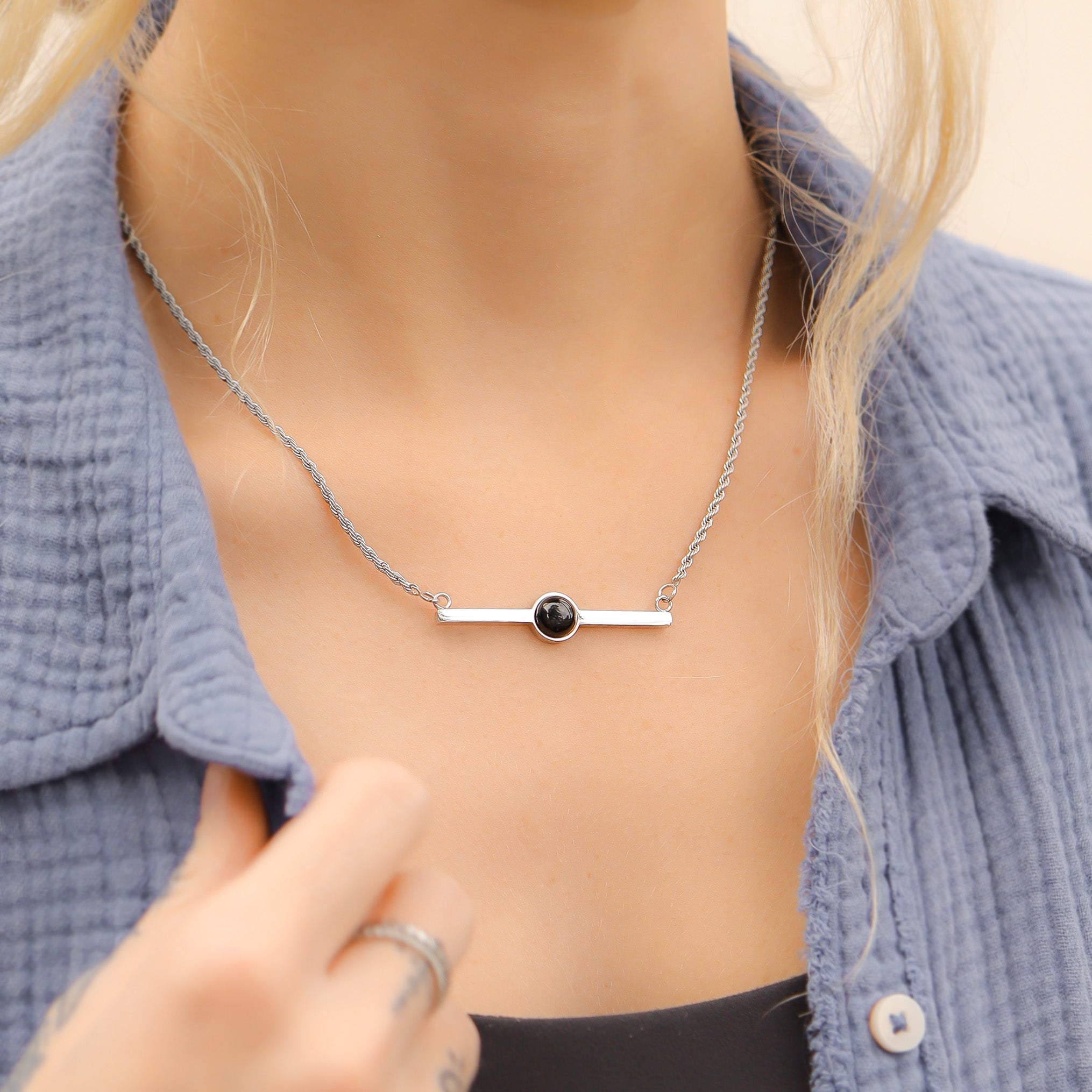 18K Gold PVD Stainless Steel Semi Precious Natural Stone Bar Necklace