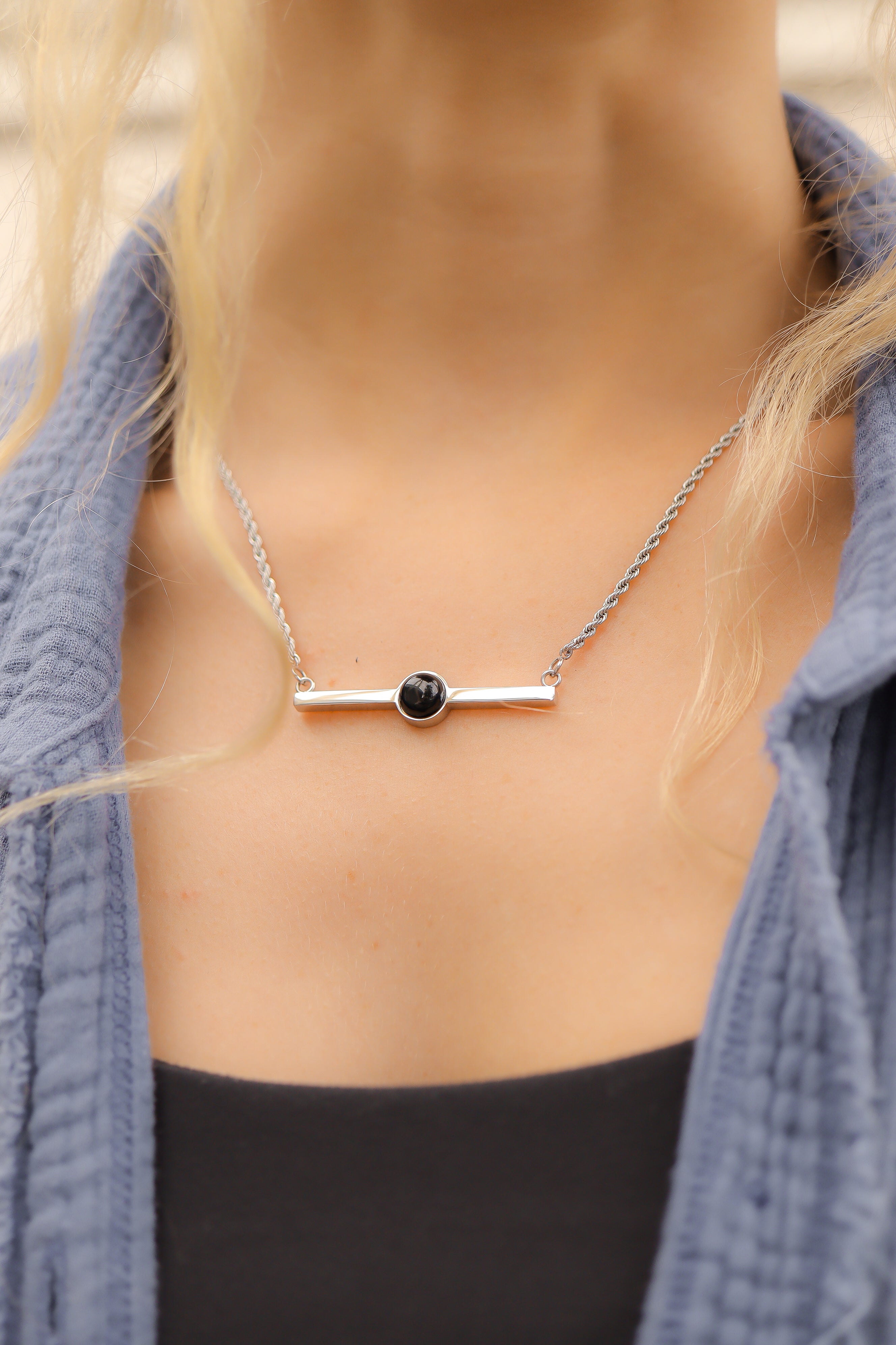 18K Gold PVD Stainless Steel Semi Precious Natural Stone Bar Necklace