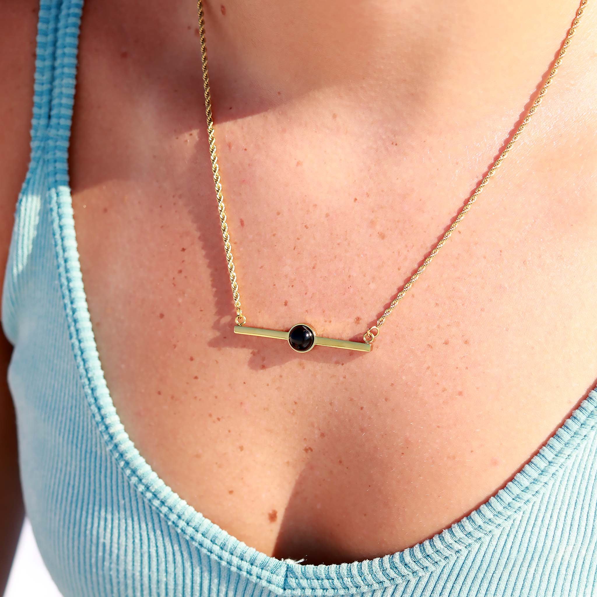18K Gold PVD Stainless Steel Semi Precious Natural Stone Bar Necklace