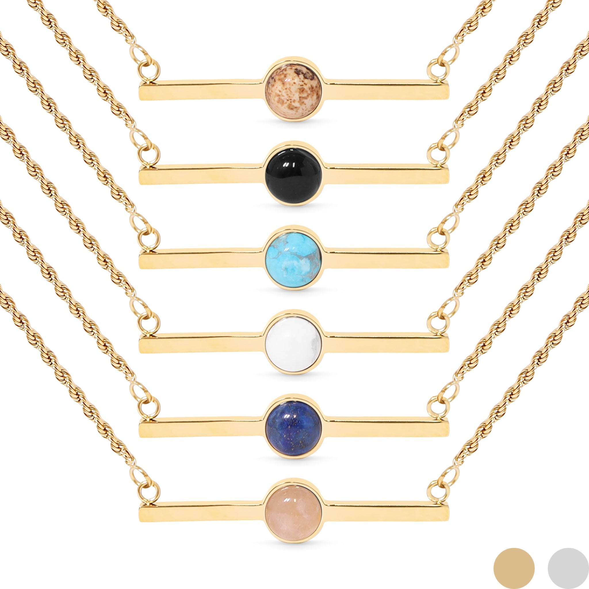 18K Gold PVD Stainless Steel Semi Precious Natural Stone Bar Necklace