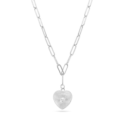 18K Gold PVD Stainless Steel Sunburst CZ Heart Paperclip Pendant Necklace