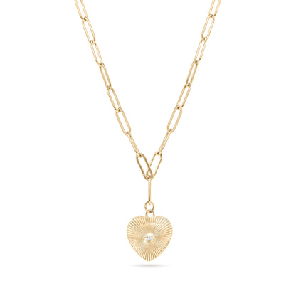 18K Gold PVD Stainless Steel Sunburst CZ Heart Paperclip Pendant Necklace