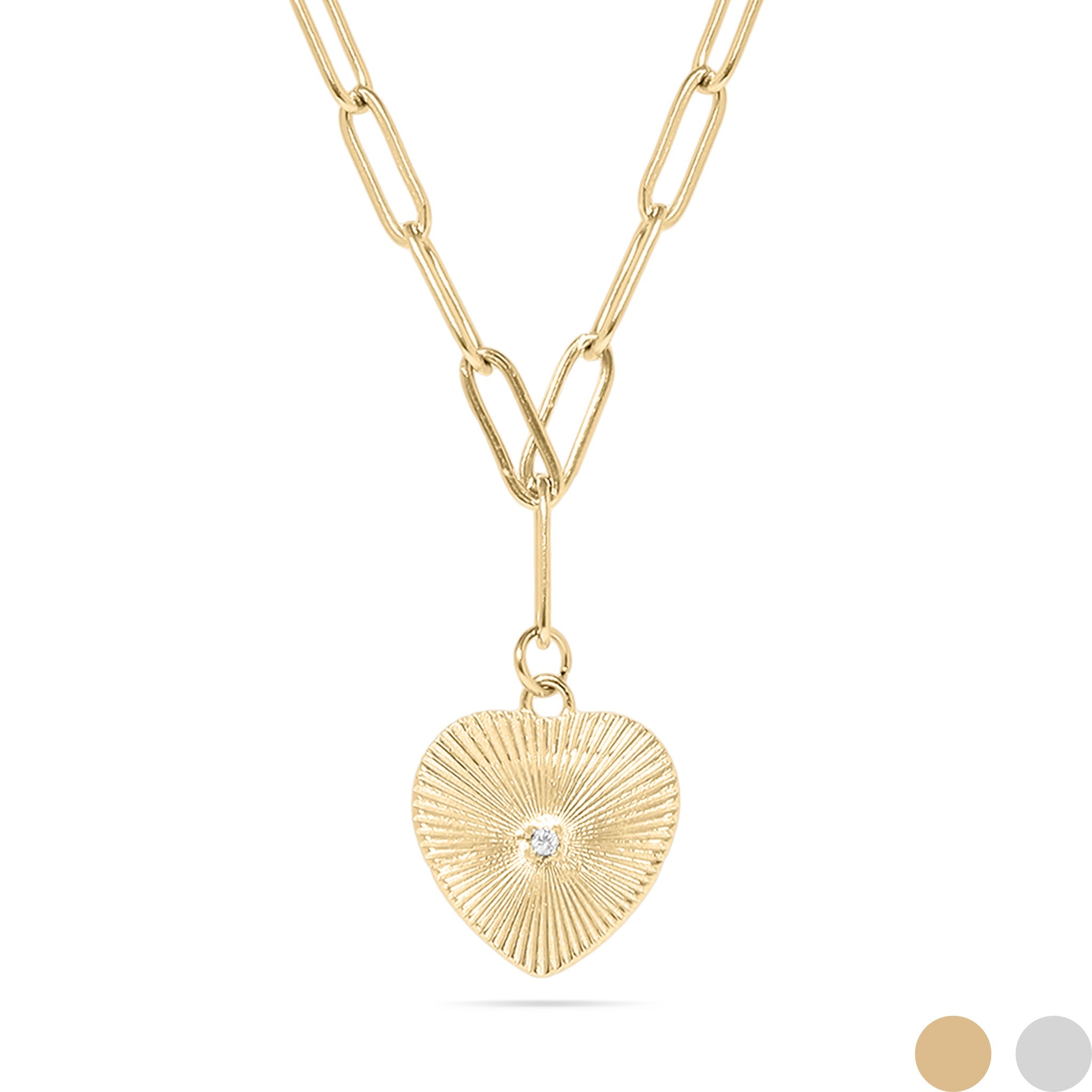 18K Gold PVD Stainless Steel Sunburst CZ Heart Paperclip Pendant Necklace