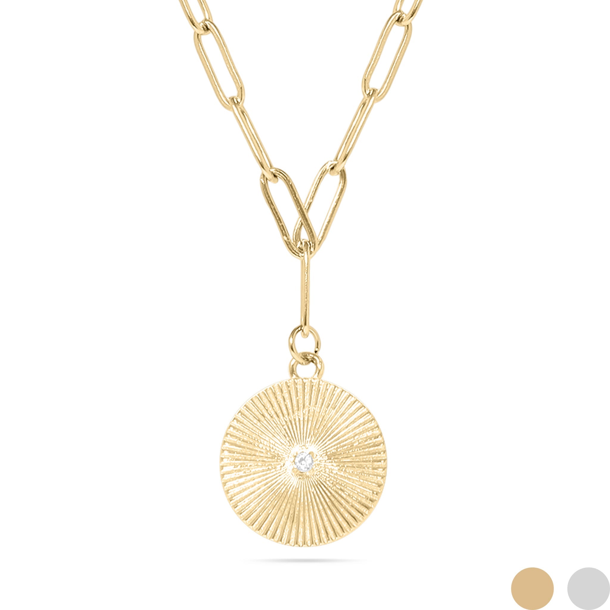 18K Gold PVD Stainless Steel Sunburst Medallion CZ Paperclip Necklace