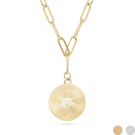 18K Gold PVD Stainless Steel Sunburst Medallion CZ Paperclip Necklace