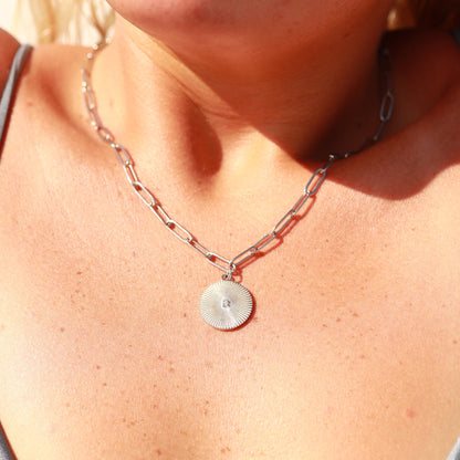 18K Gold PVD Stainless Steel Sunburst Medallion CZ Paperclip Necklace
