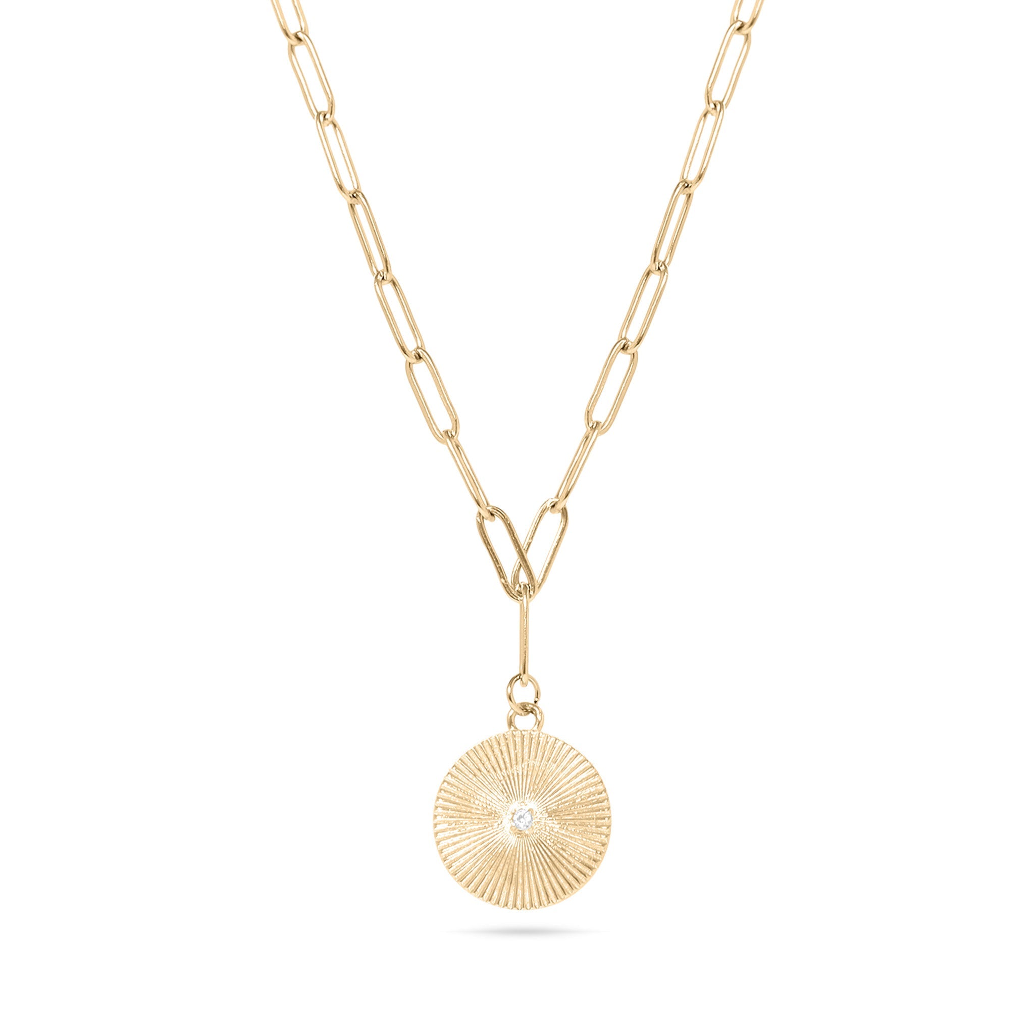 18K Gold PVD Stainless Steel Sunburst Medallion CZ Paperclip Necklace
