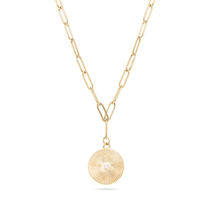 18K Gold PVD Stainless Steel Sunburst Medallion CZ Paperclip Necklace
