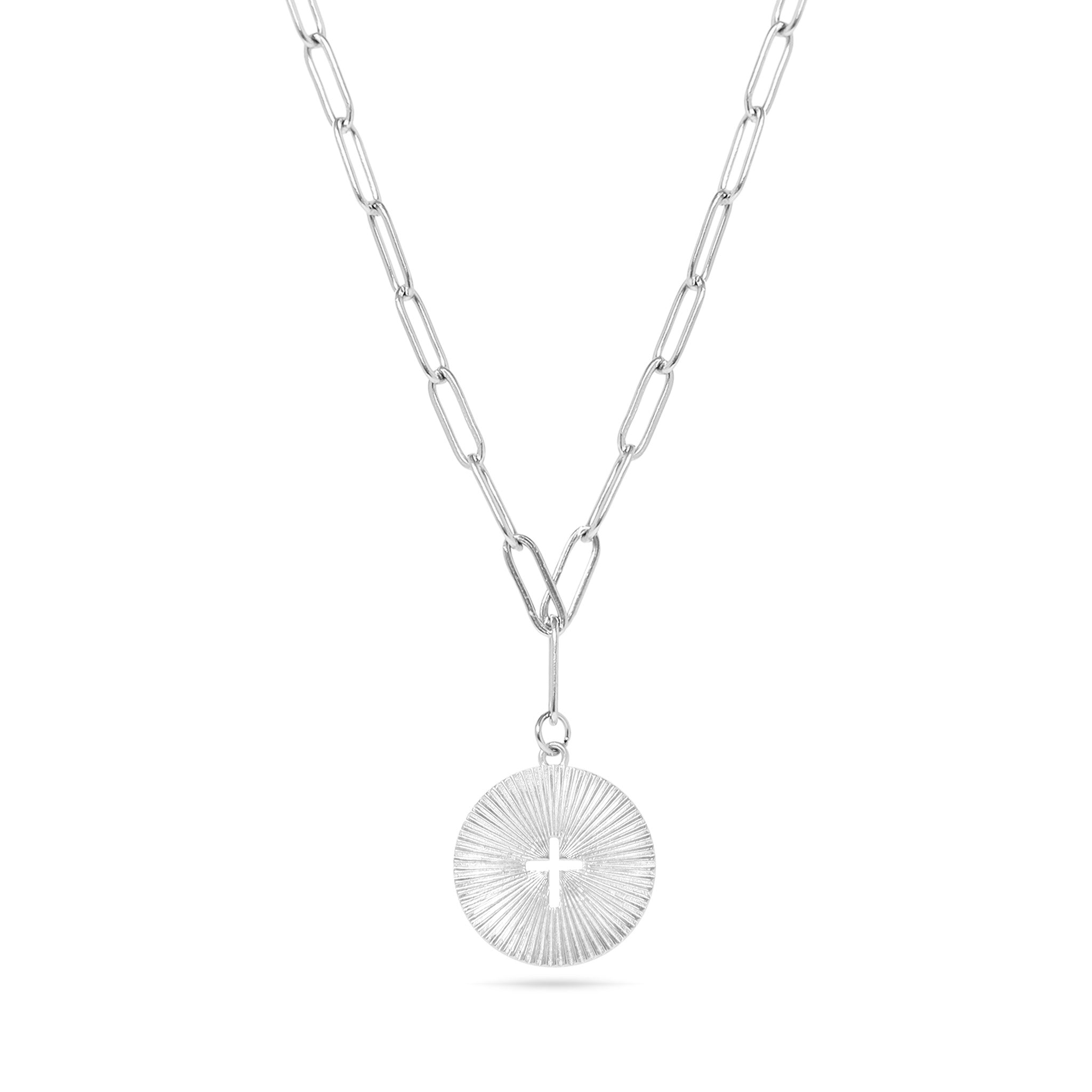 18K Gold PVD Stainless Steel Sunburst Cross Paperclip Pendant Necklace