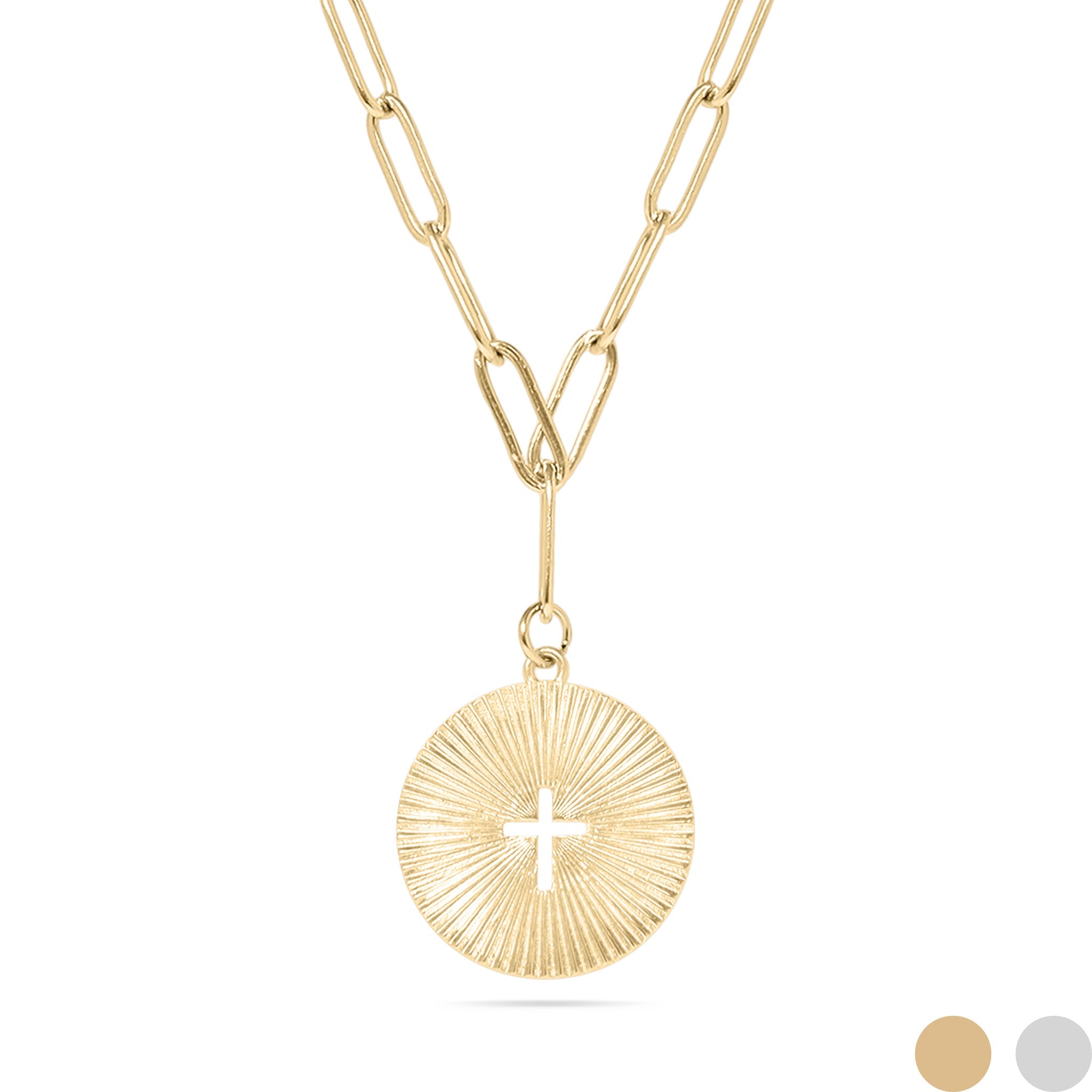 18K Gold PVD Stainless Steel Sunburst Cross Paperclip Pendant Necklace