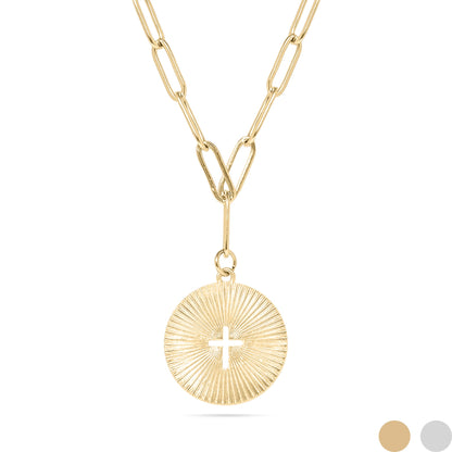 18K Gold PVD Stainless Steel Sunburst Cross Paperclip Pendant Necklace