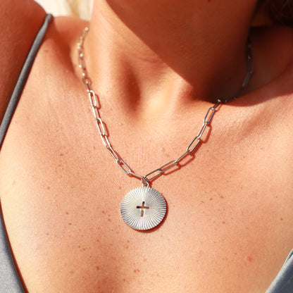 18K Gold PVD Stainless Steel Sunburst Cross Paperclip Pendant Necklace