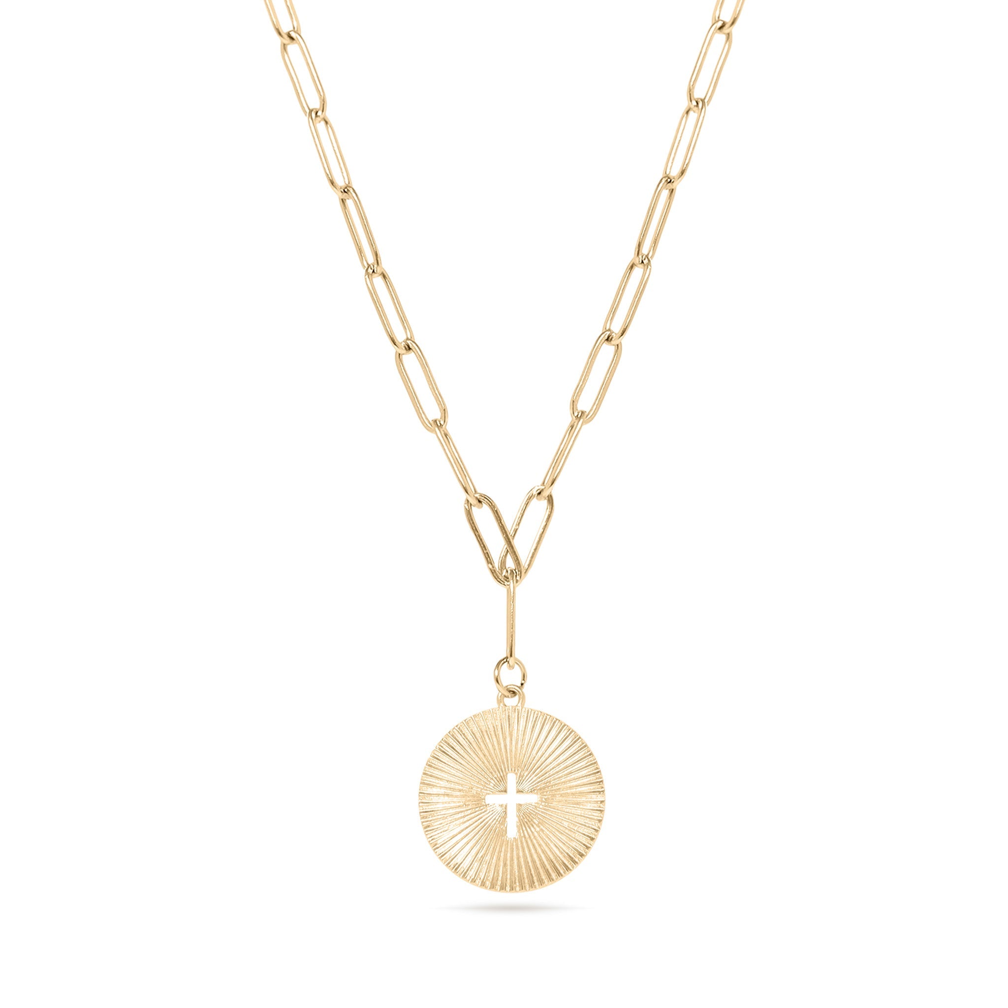 18K Gold PVD Stainless Steel Sunburst Cross Paperclip Pendant Necklace
