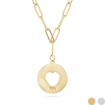 18K Gold PVD Stainless Steel Sunburst Heart Paperclip Pendant Necklace