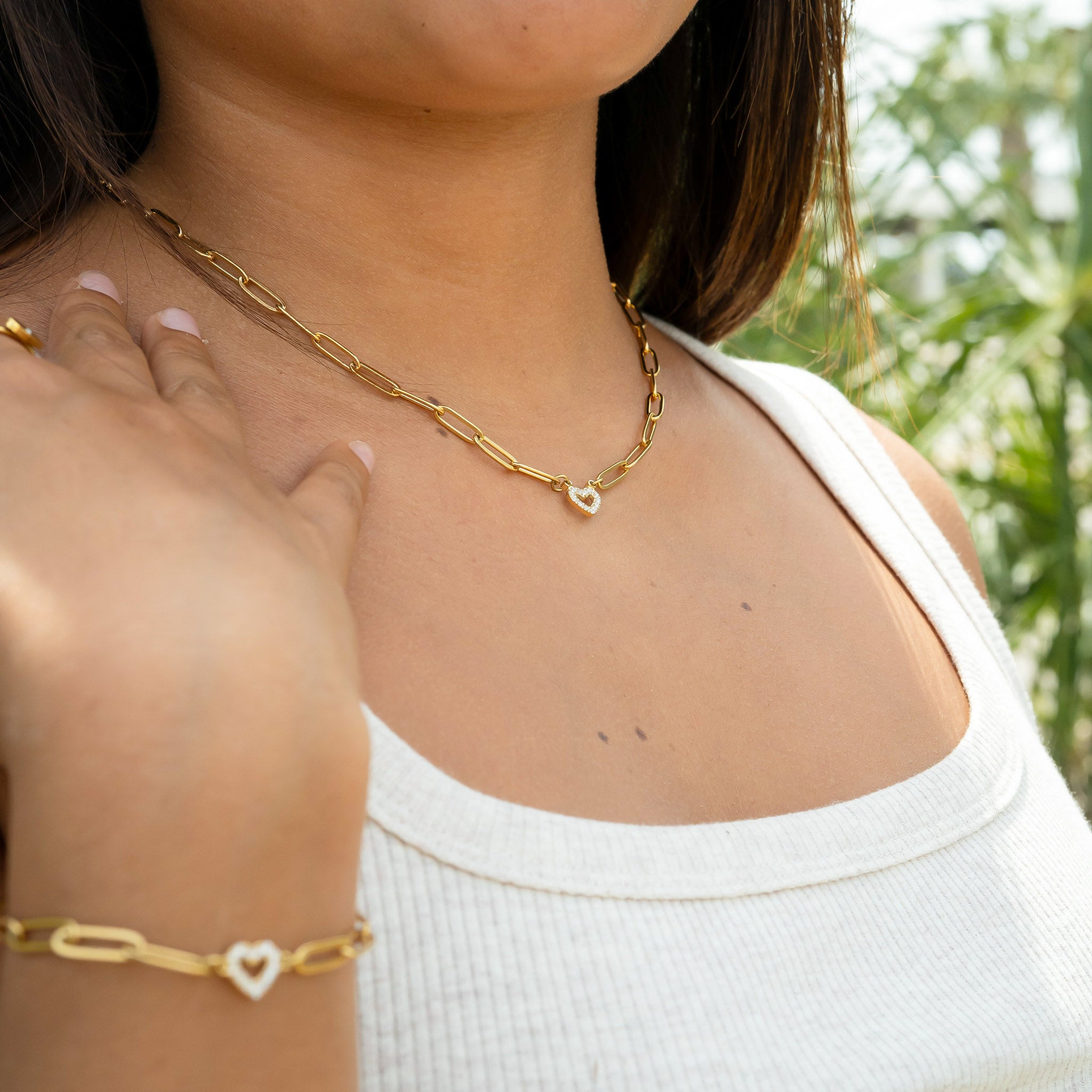 18K Gold PVD Stainless Steel Stone "Heart" Paperclip Chain Bracelet