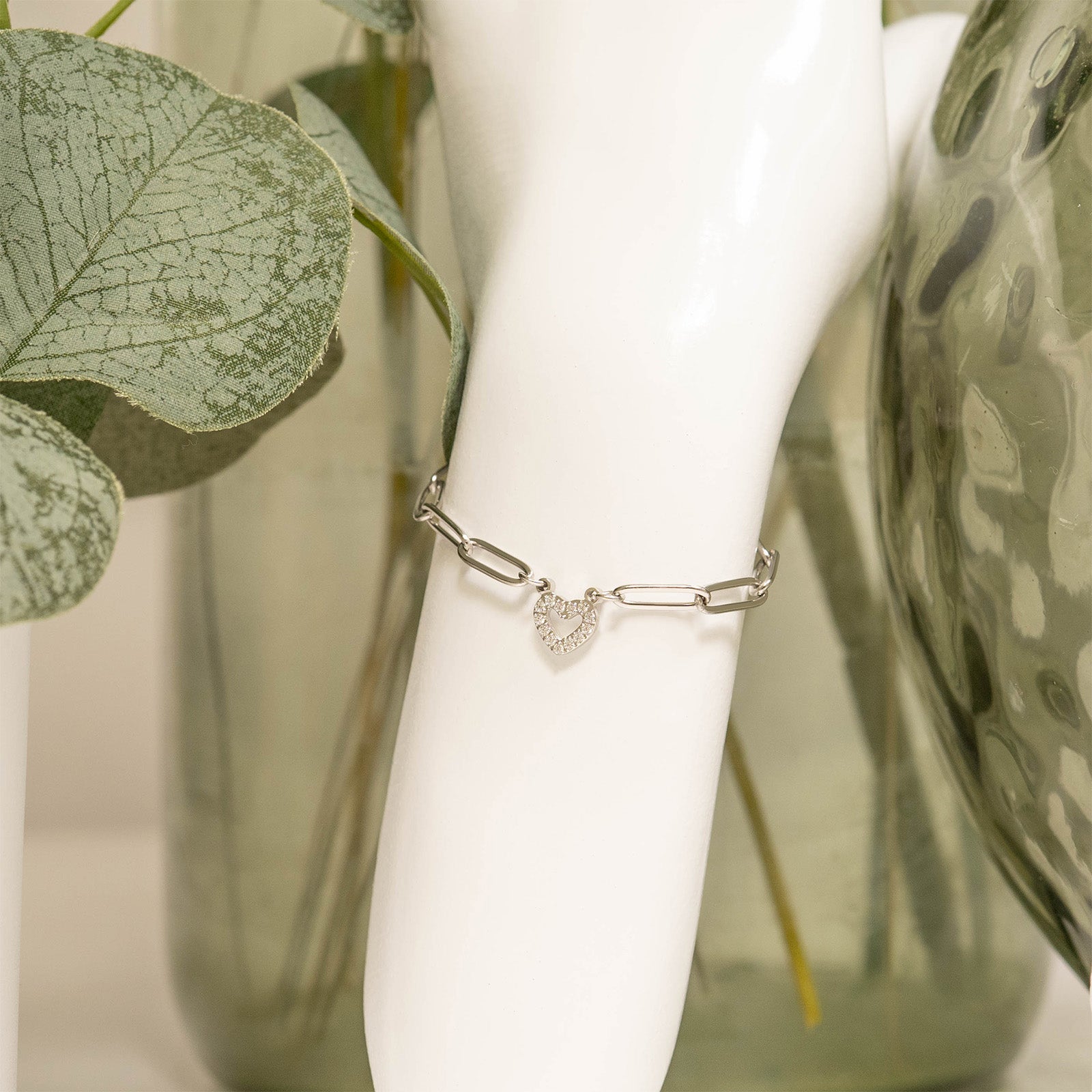 18K Gold PVD Stainless Steel Stone "Heart" Paperclip Chain Bracelet
