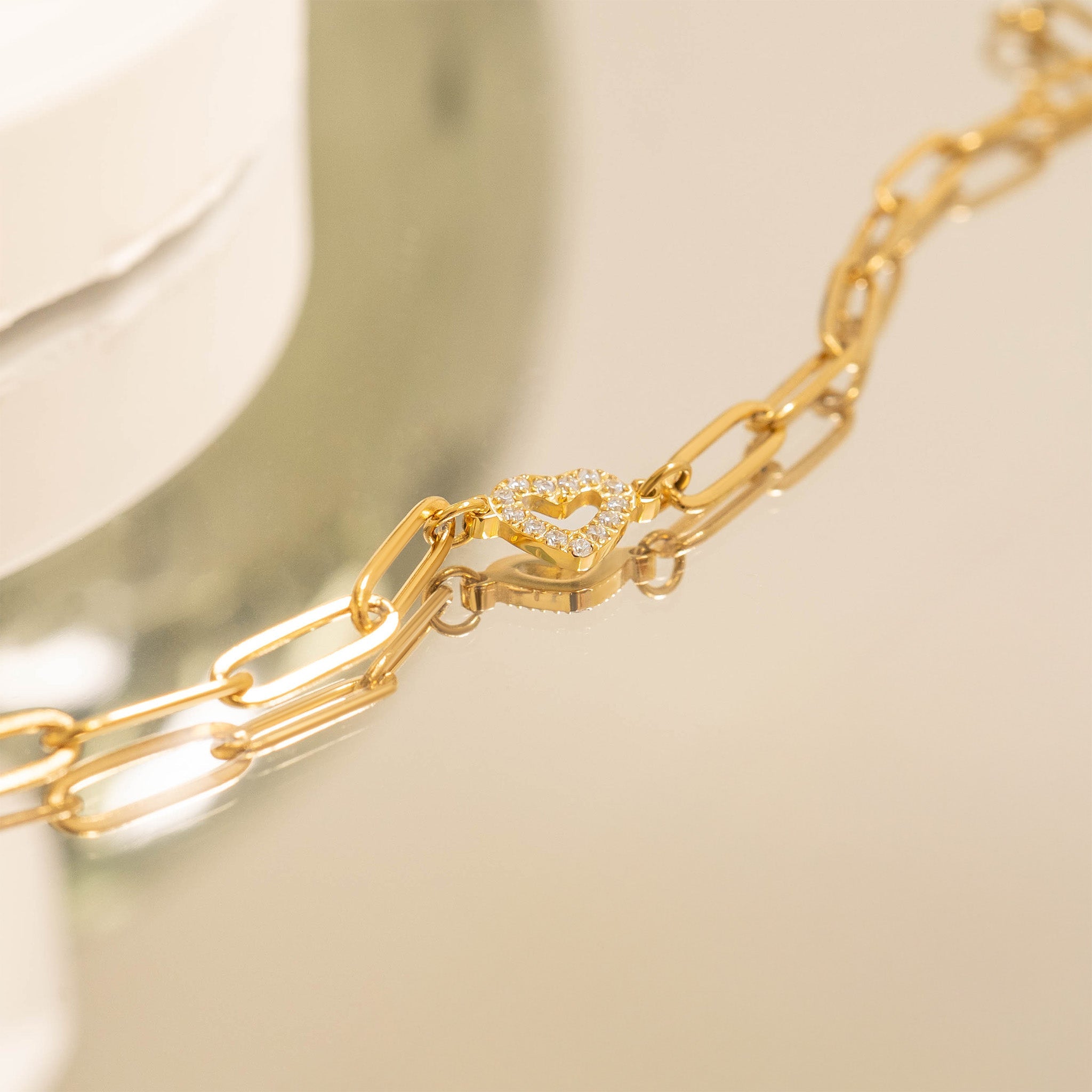 18K Gold PVD Stainless Steel Stone "Heart" Paperclip Chain Bracelet