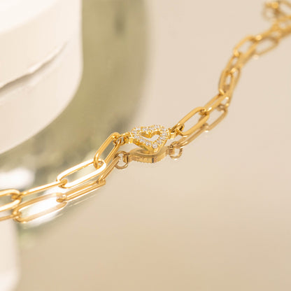 18K Gold PVD Stainless Steel Stone "Heart" Paperclip Chain Bracelet