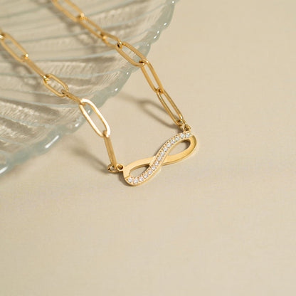 18K Gold PVD Stainless Steel Stone "Infinity" Paperclip Chain Necklace
