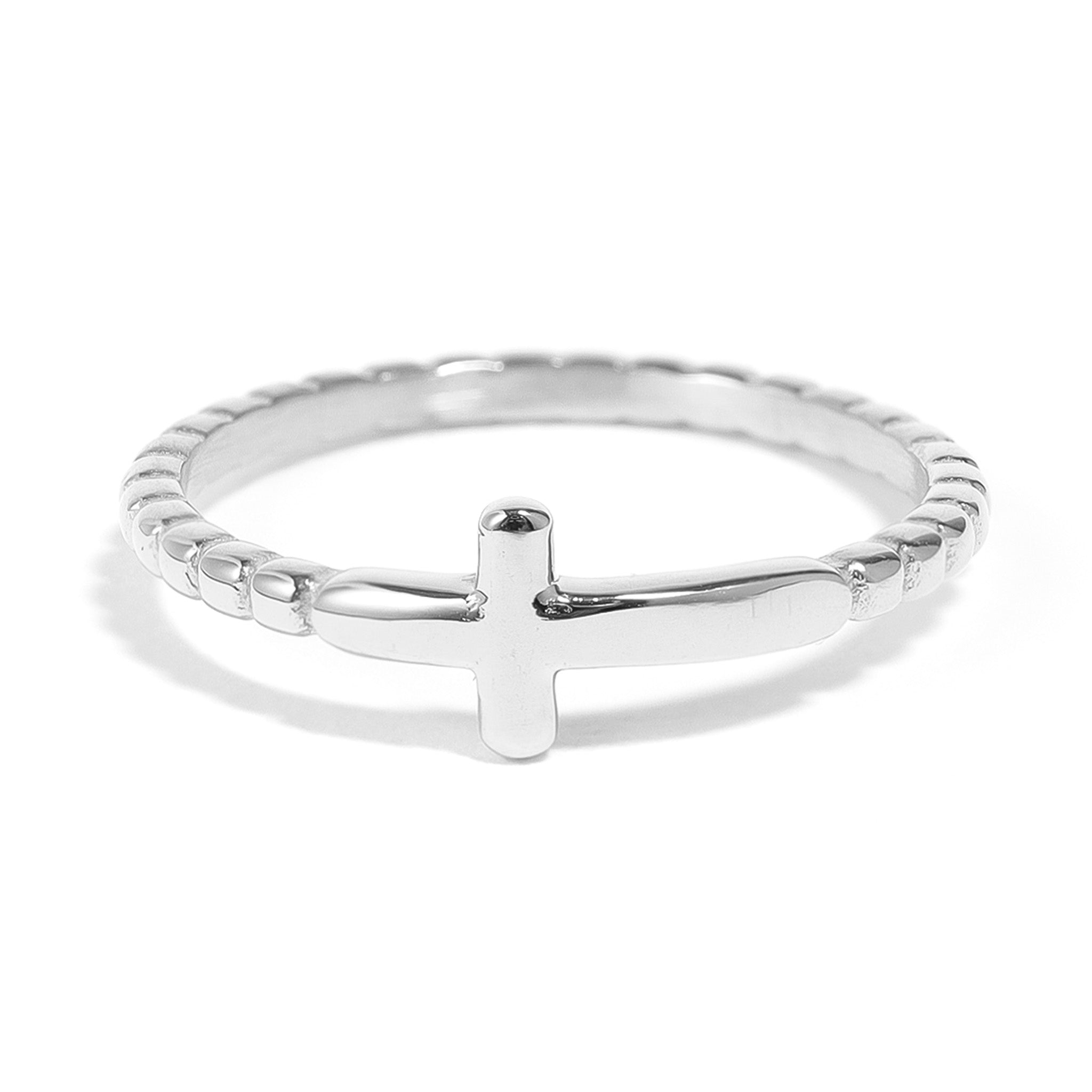 18K Gold PVD Stainless Steel Beaded Cross Stacking Ring