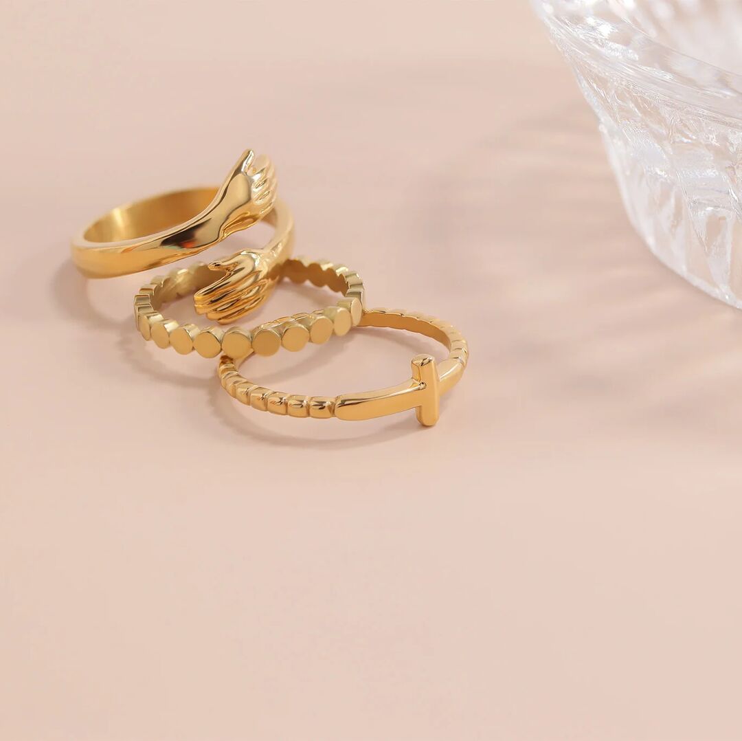 18K Gold PVD Stainless Steel Beaded Cross Stacking Ring