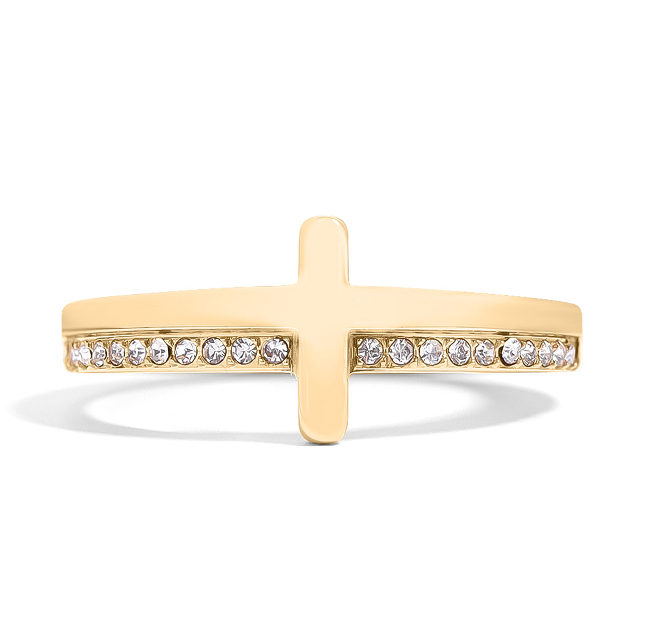 18K Gold PVD Stainless Steel Cross CZ Stone Engraved Stacking Ring