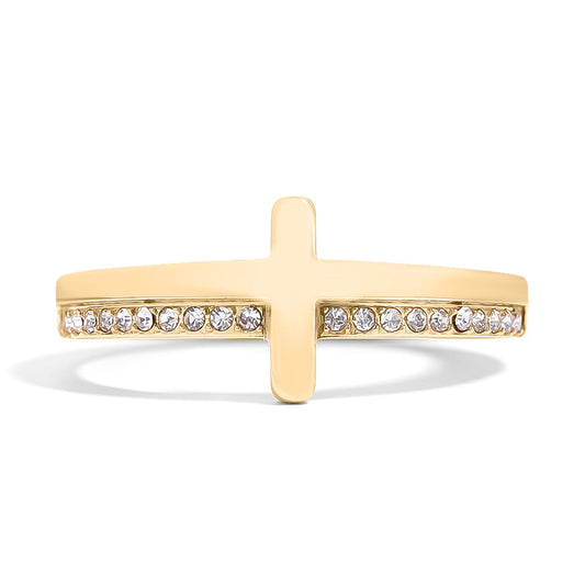 18K Gold PVD Stainless Steel Cross CZ Stone Engraved Stacking Ring