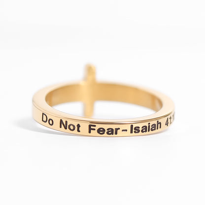 18K Gold PVD Stainless Steel Cross CZ Stone Engraved Stacking Ring