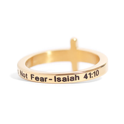 18K Gold PVD Stainless Steel Cross CZ Stone Engraved Stacking Ring