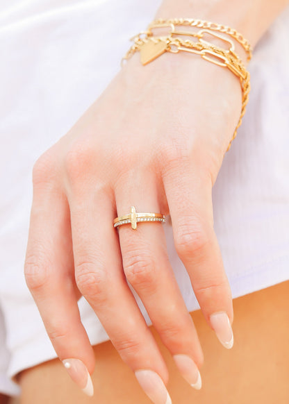 18K Gold PVD Stainless Steel Cross CZ Stone Engraved Stacking Ring