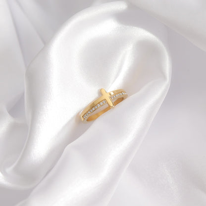 18K Gold PVD Stainless Steel Cross CZ Stone Engraved Stacking Ring