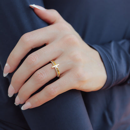 18K Gold PVD Stainless Steel Cross CZ Stone Engraved Stacking Ring