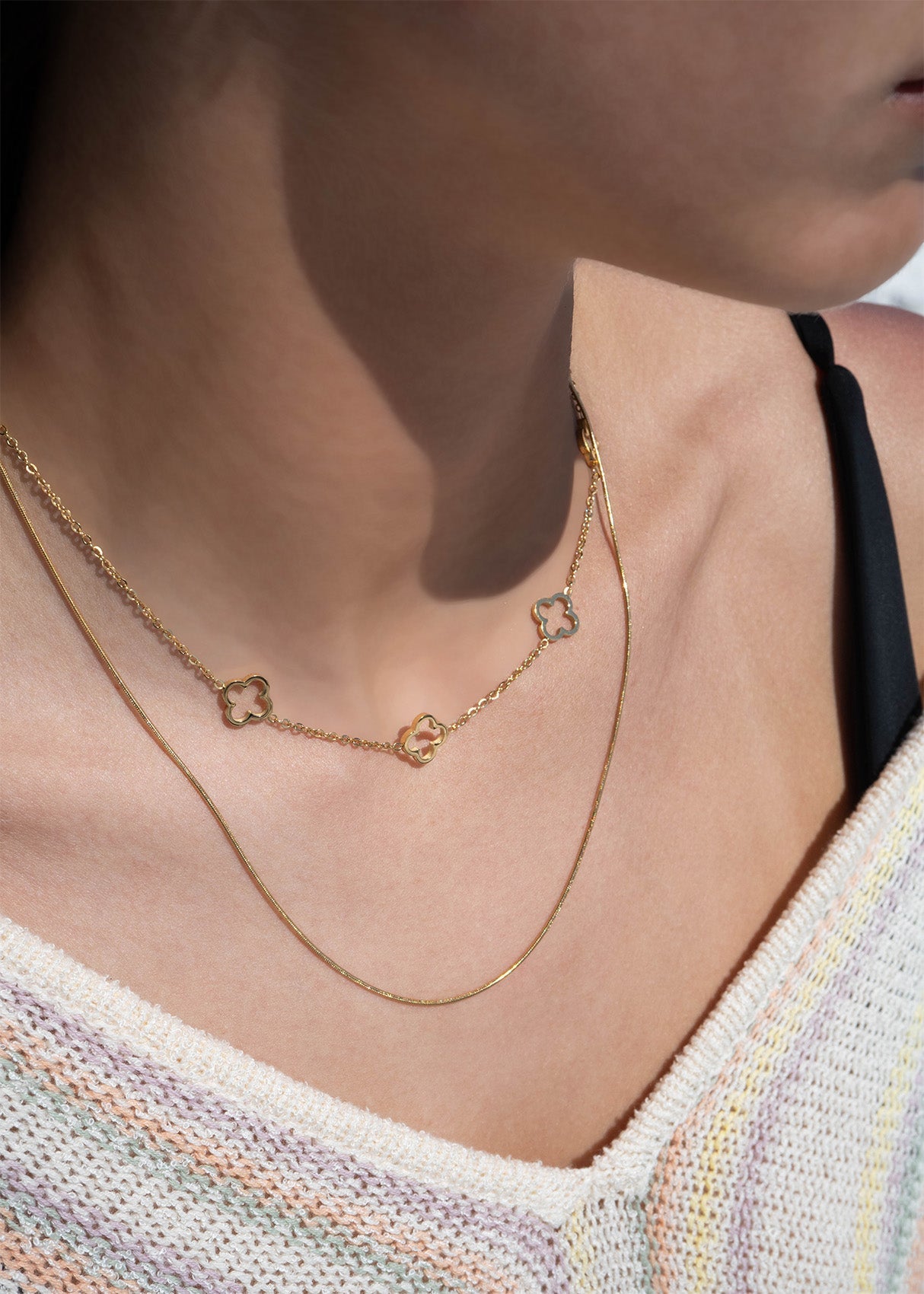 18K Gold PVD Stainless Steel Layered Clover Charm Necklace