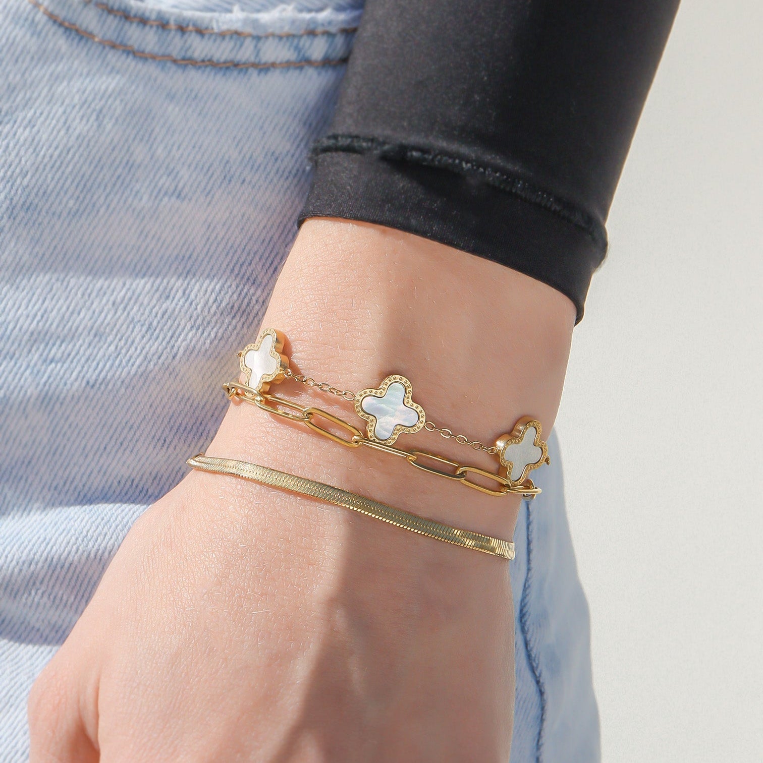 18K Gold PVD Stainless Steel Lucky Clover Charm Bracelet