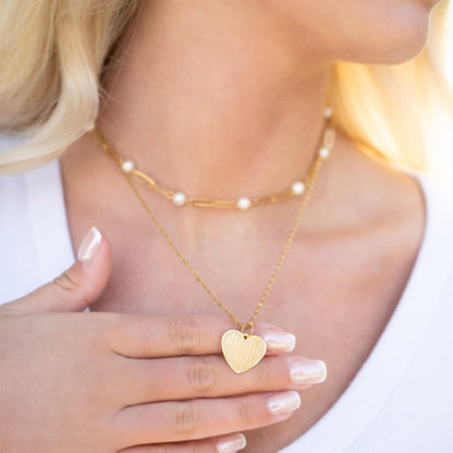 18K Gold PVD Stainless Steel Pearl Station Paperclip Chain Necklace