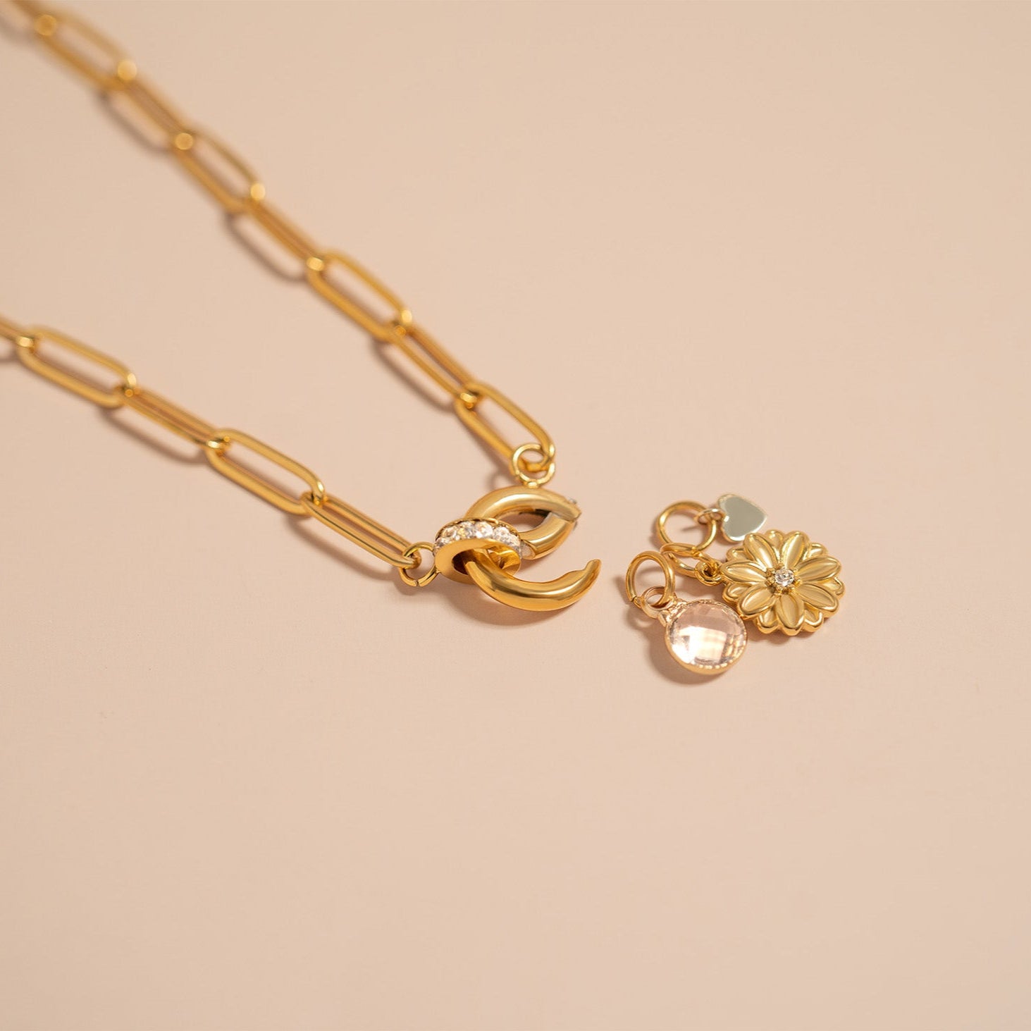 18K Gold PVD Paperclip CZ Carabiner Charm Holder Necklace