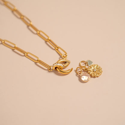 18K Gold PVD Paperclip CZ Carabiner Charm Holder Necklace