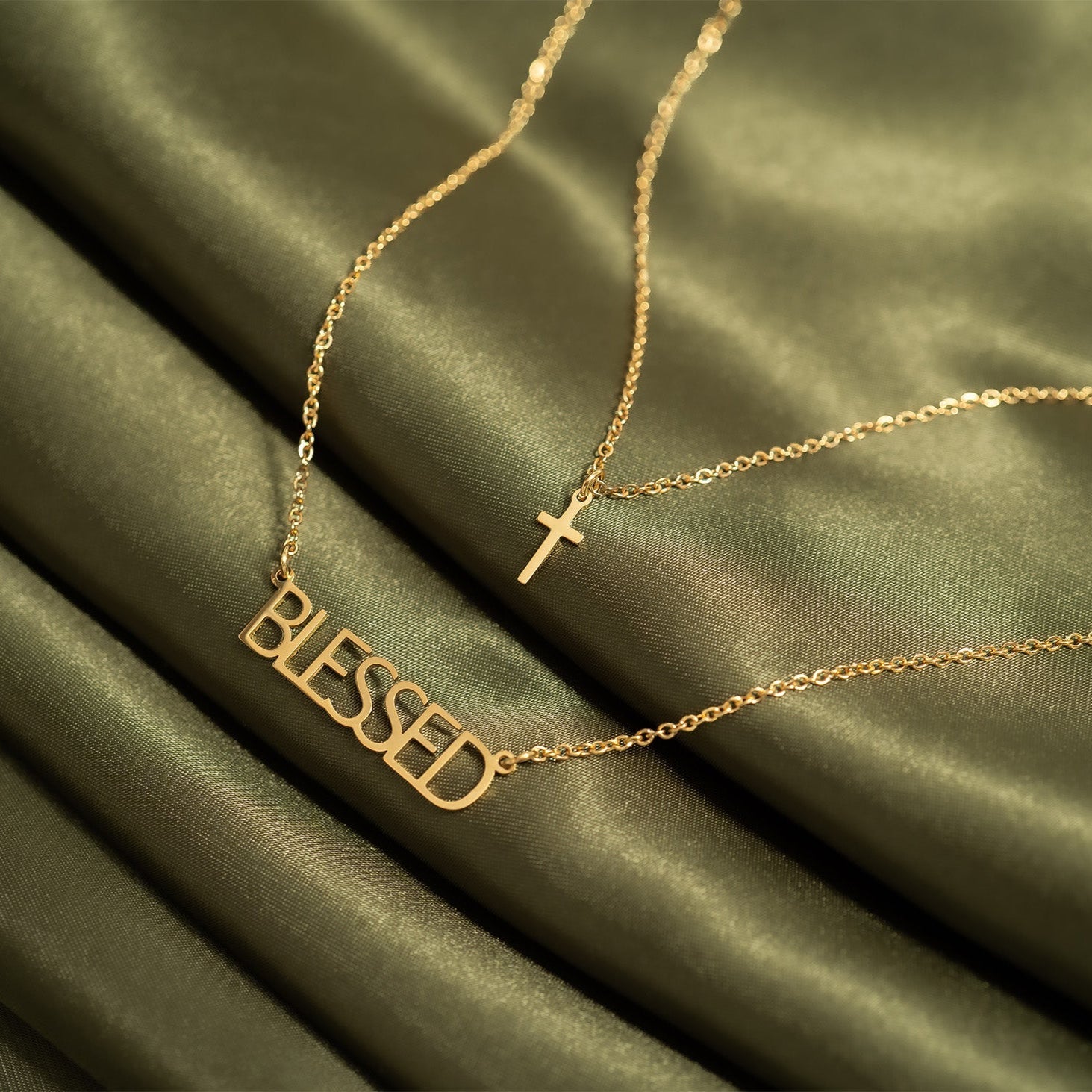 18K Gold PVD Stainless Steel "Blessed" Layered Cross Charm Necklace